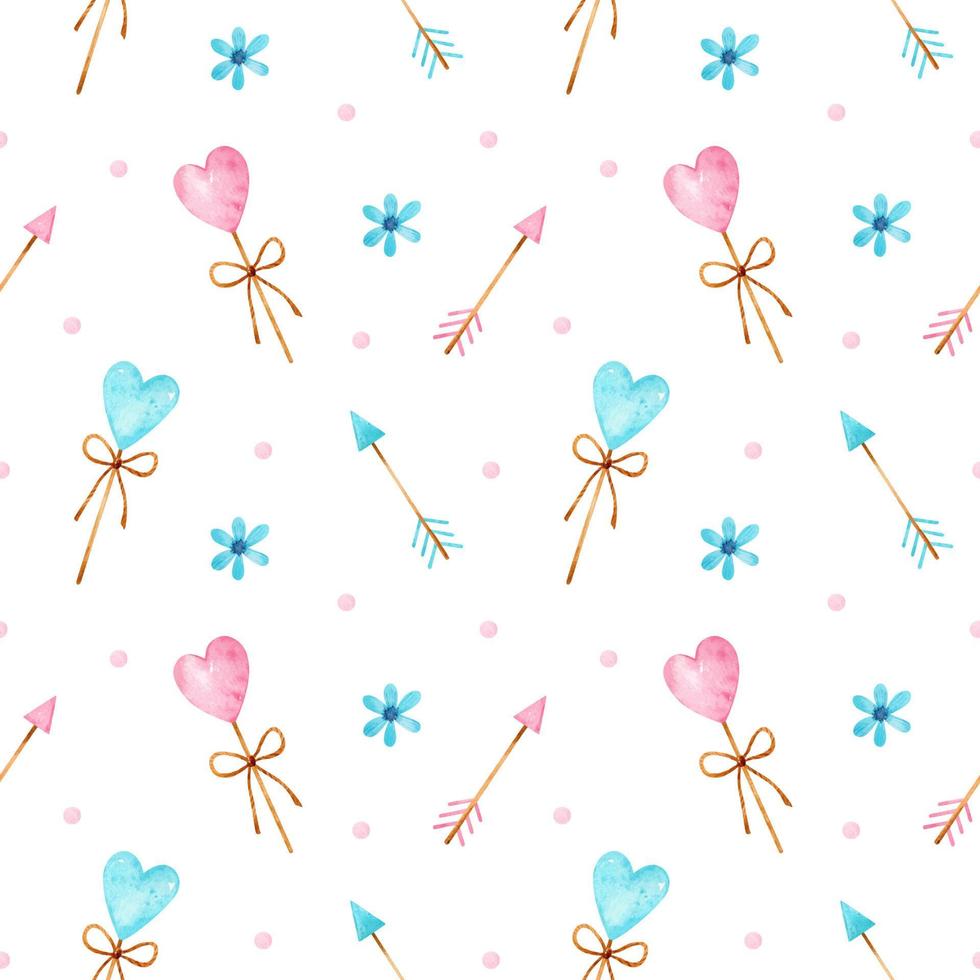 Valentine's day watercolor seamless pattern. Blue and pink heart shaped lollipops, arrows, flowers and confetti. Delicate festive design. Perfect for wrapping paper, greeting cards, covers, textile. vector
