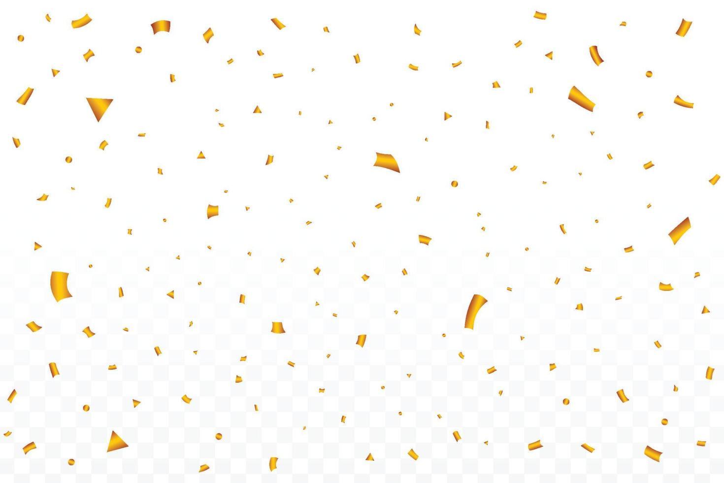 Golden party tinsel and confetti falling. Anniversary celebration. Gold color confetti falling isolated on transparent background. Carnival elements. Confetti vector for festival background.