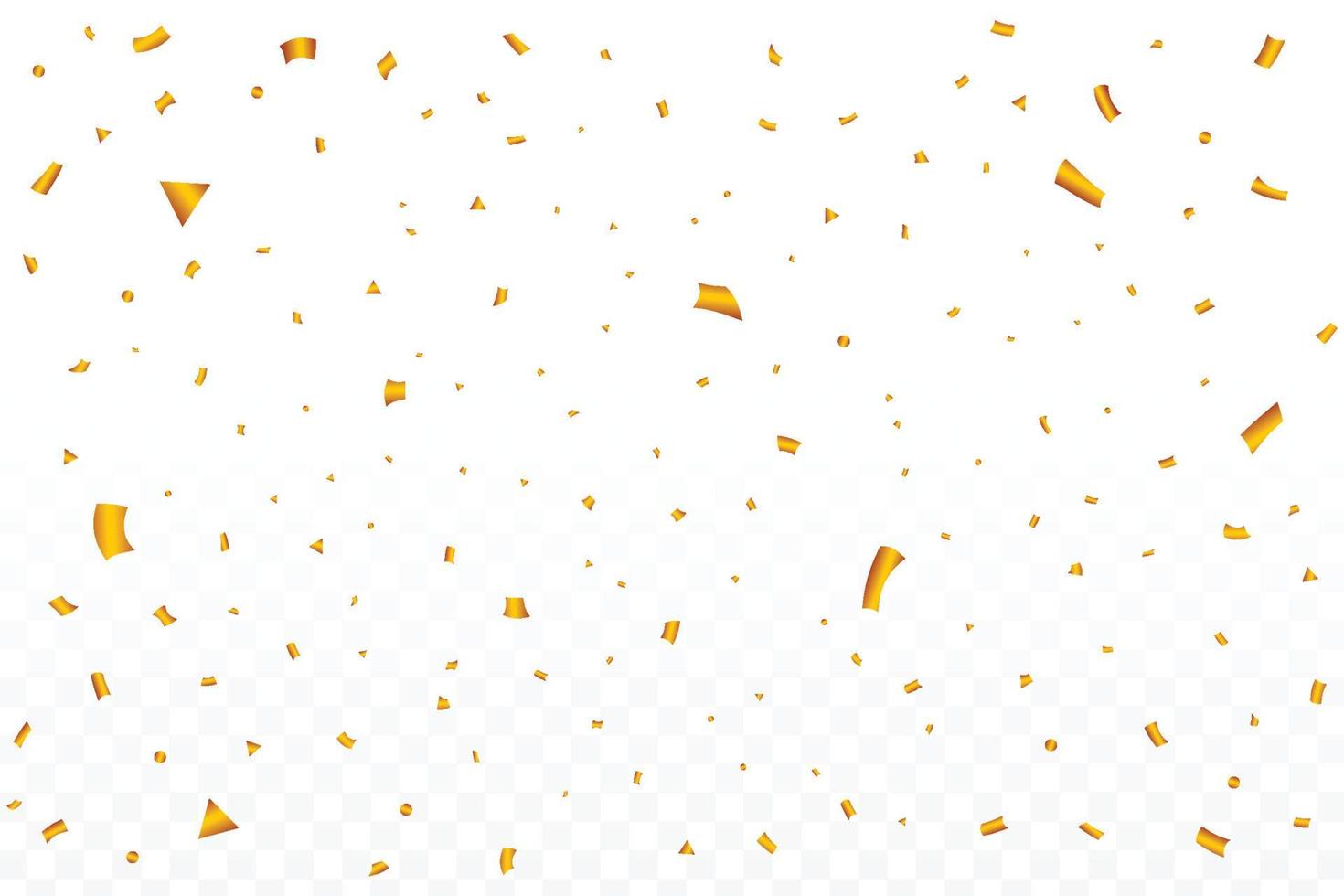 Golden party tinsel and confetti falling. Anniversary celebration. Gold color confetti falling isolated on transparent background. Carnival elements. Confetti vector for festival background.