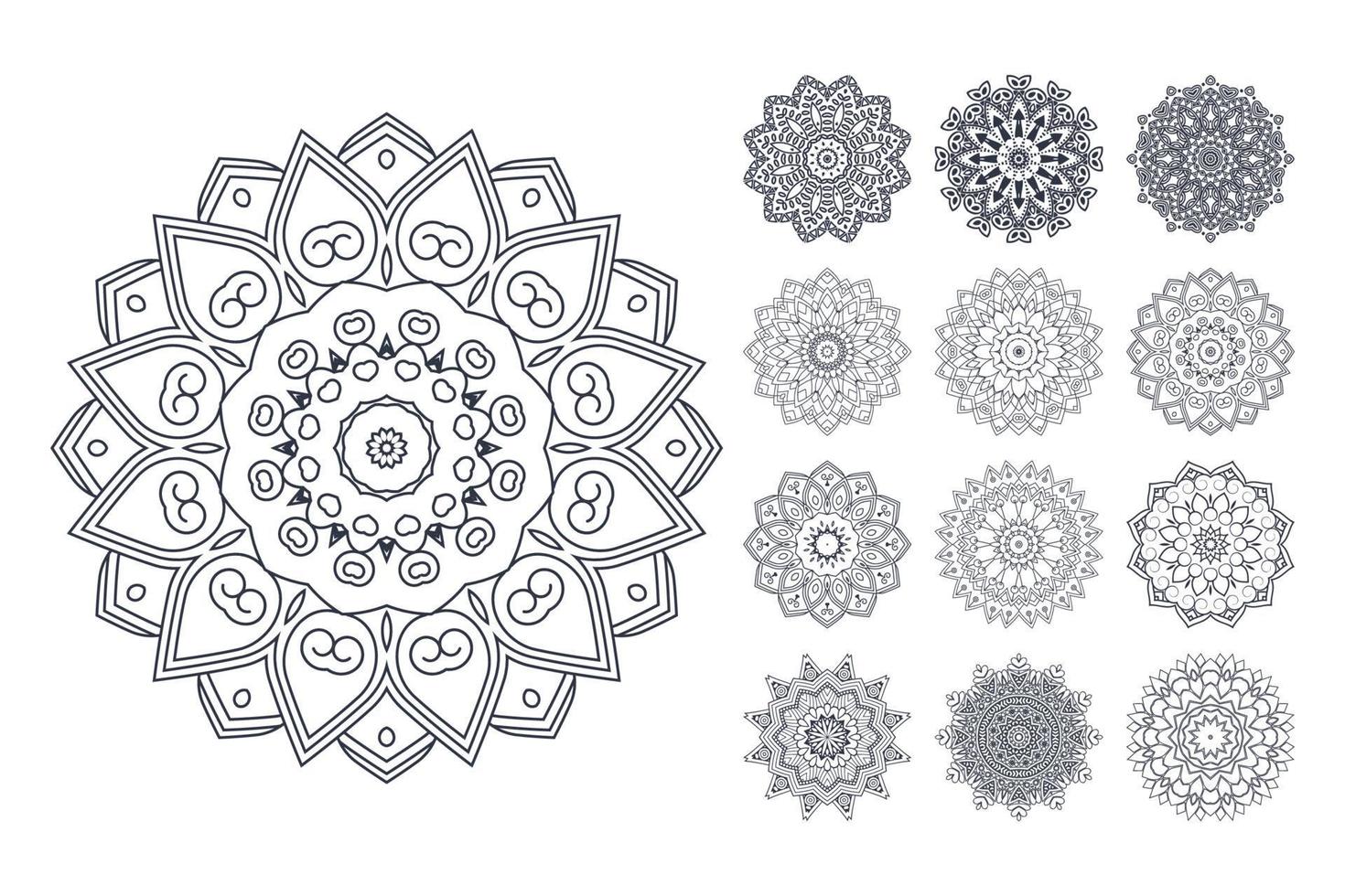 Paquete de páginas para colorear mandala. vector de conjunto de patrón de flor de mandala. vector de arte de línea. vector patrón de flores. patrón de mandala blanco y negro