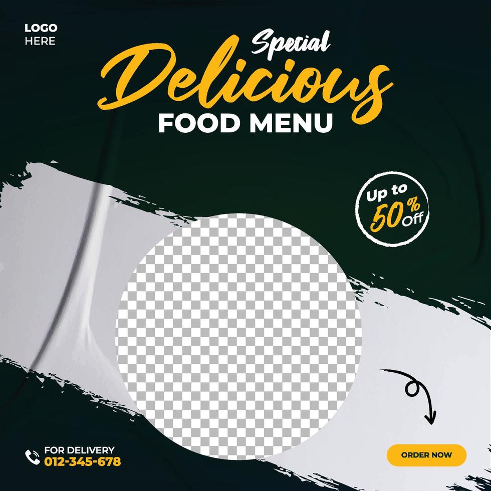 Food menu social media post. Special delicious food menu. Restaurant flyer with dark background and white, yellow text. Food promotion banner. Social media food banner. Spaghetti, Tomato, Onion vector