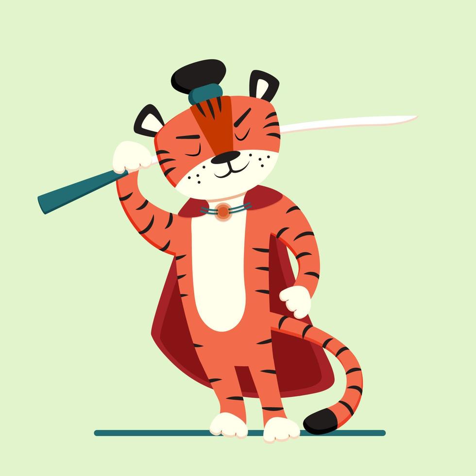 Young confident tiger warrior samurai with sword. Vector flat illustration.