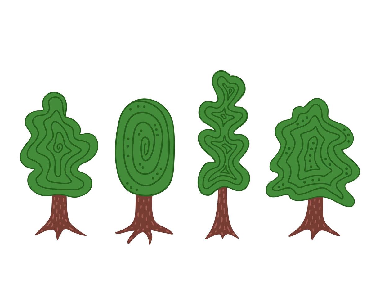 Set of trees icons, forest, hand drawn tree shape collection. Illustration for printing, backgrounds, packaging, posters, stickers, textile and seasonal design. Isolated on white background. vector