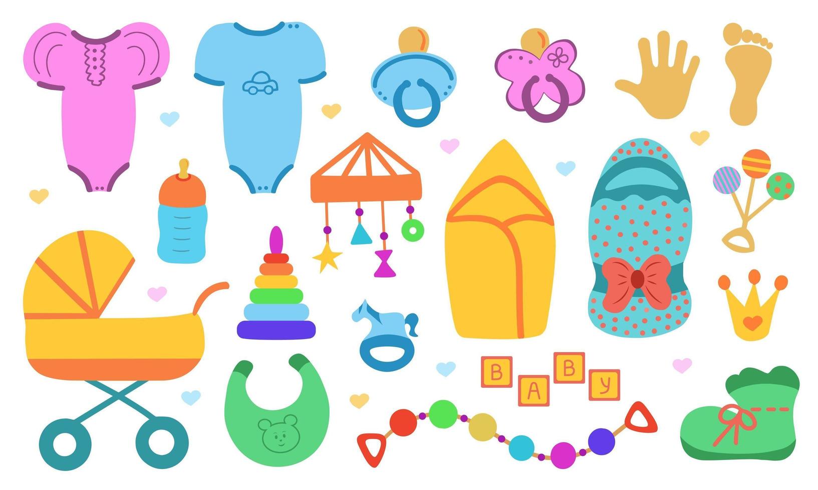 Newborn things. Cute set of things for childrenhood. Isolated icons of baby goods for newborns. Clothing, toys, accessories for hygiene, food for Infant. vector