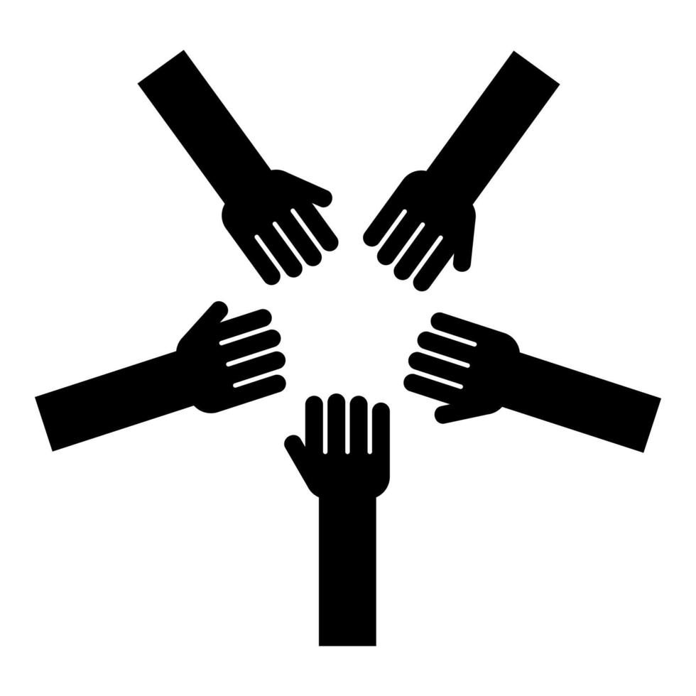 Five hands Group arms Many hands connecting Open palms People putting their hands together Stack hands concept unity icon black color vector illustration flat style image