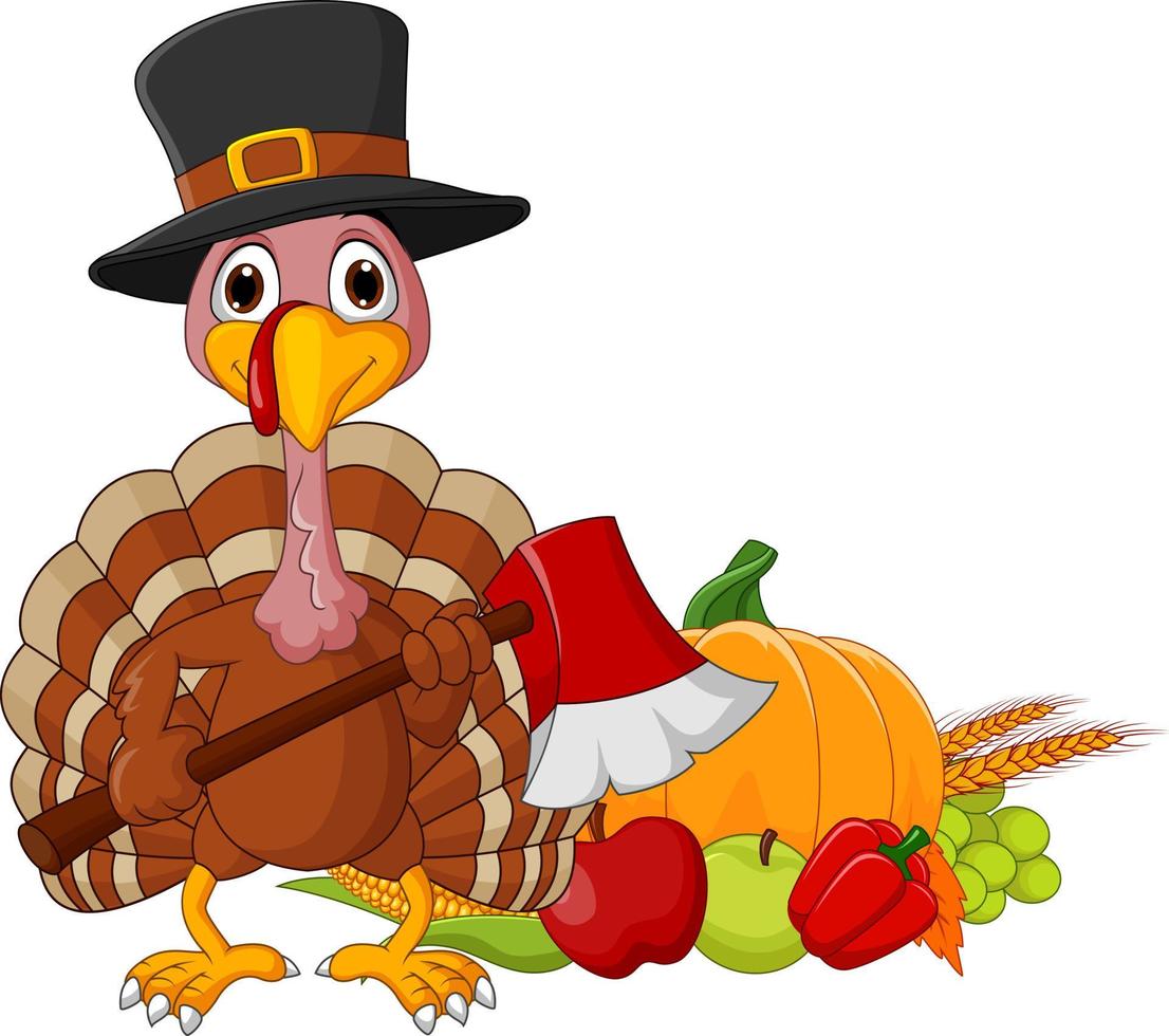 Cartoon turkey holding axe with harvest cornucopia collection vector