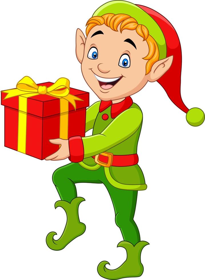 Happy green elf boy holding gifts vector