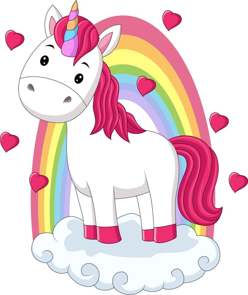 Cartoon baby pony unicorn standing on clouds with rainbow vector