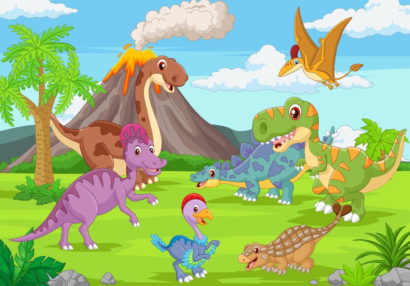 grupo de dinosaurios divertidos en la selva vector