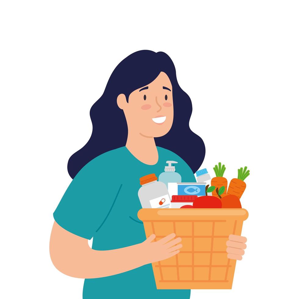 young woman and basket with food and groceries on white background vector