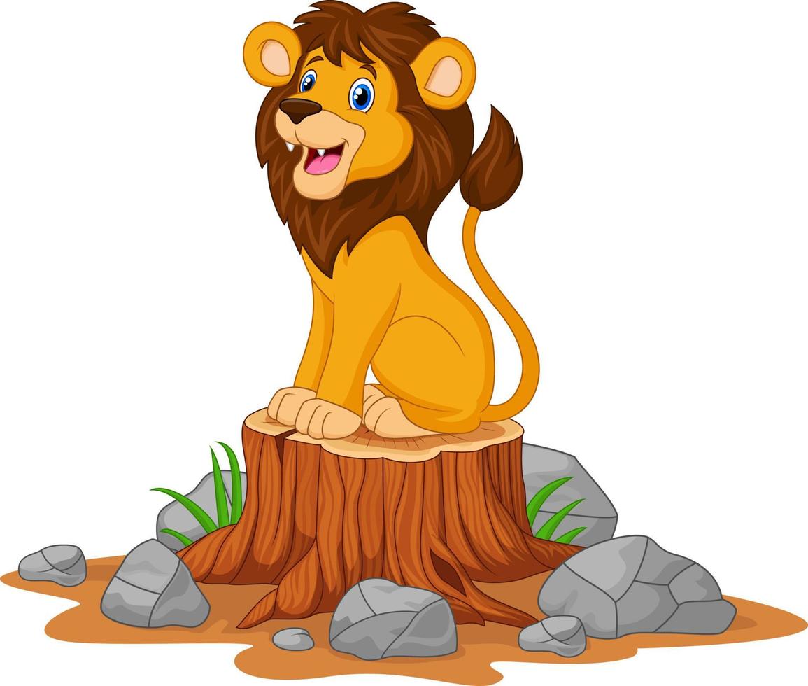 león de dibujos animados feliz sentado en un tocón de árbol vector