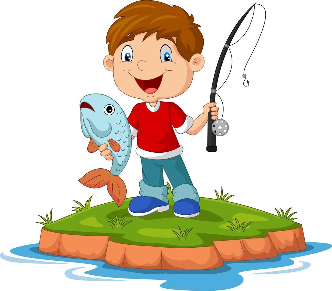 Cartoon happy little boy fishing vector