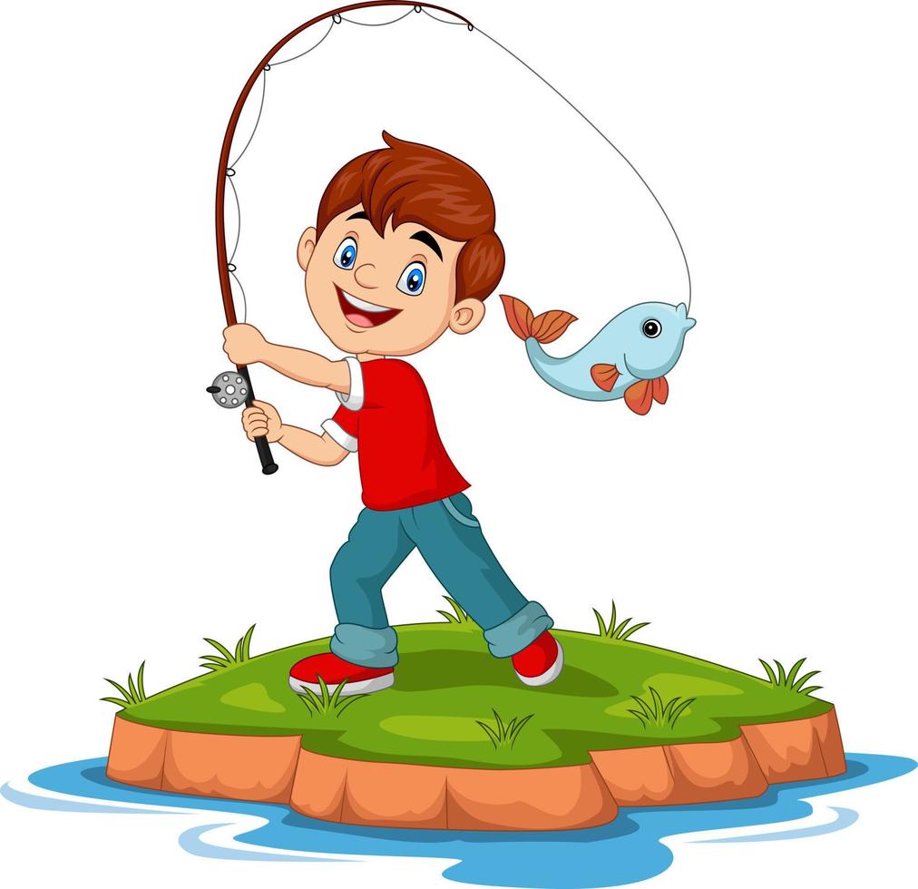 ilustración de dibujos animados niño feliz pescando vector