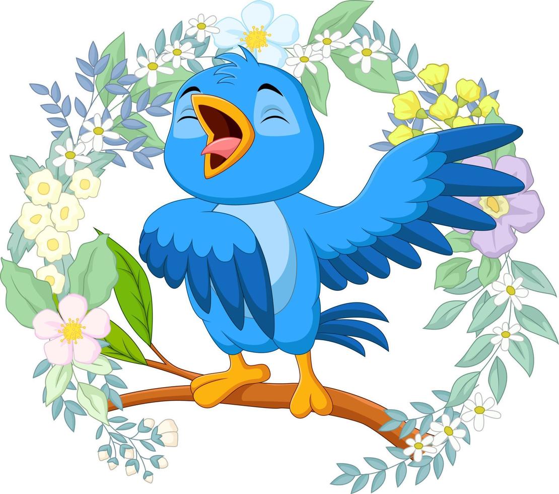 pájaro azul de dibujos animados cantando en la rama de un árbol vector