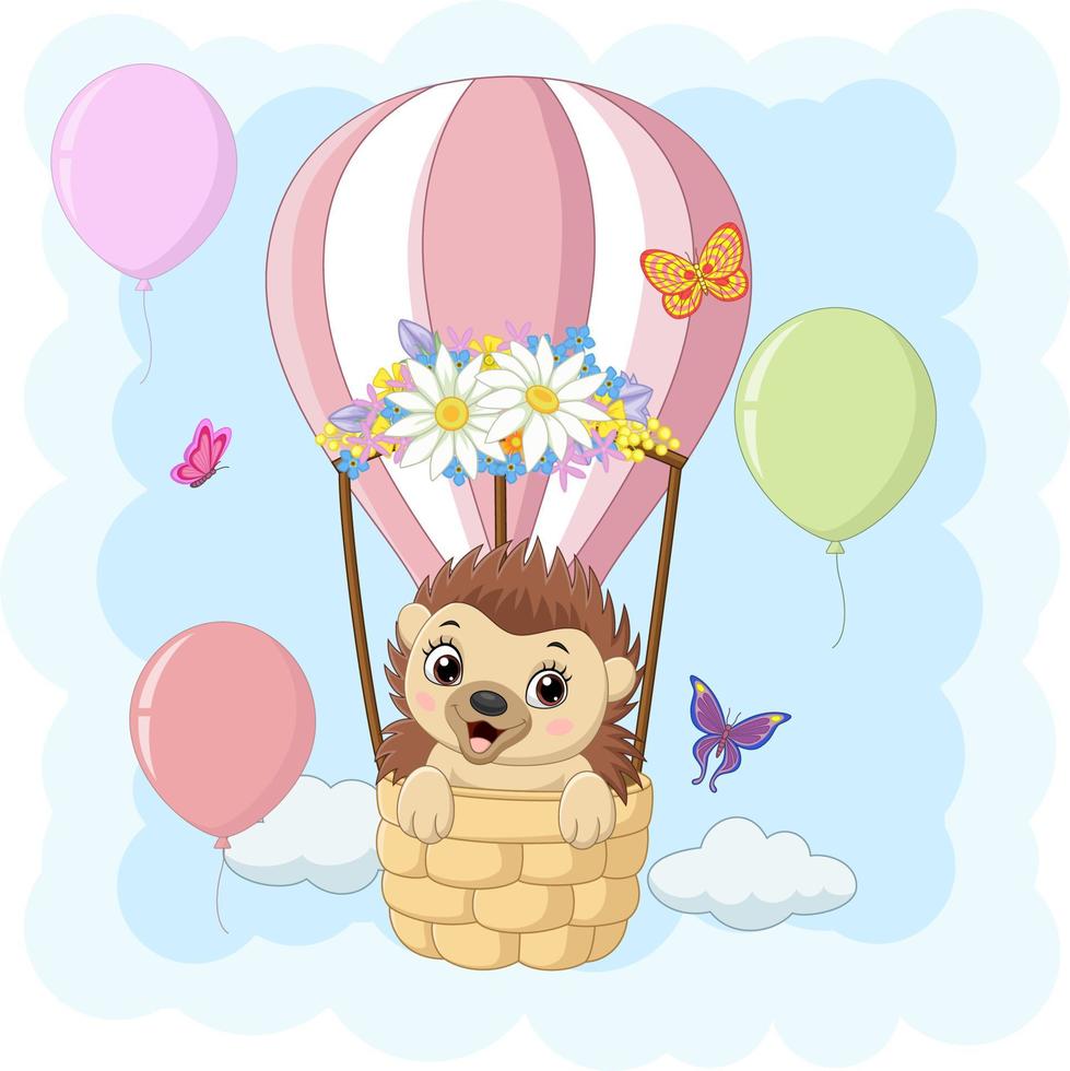 Cartoon baby hedgehog riding a hot air balloon vector
