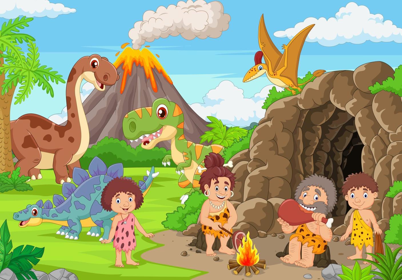 Group of cartoon cavemen and dinosaurs in the forest vector