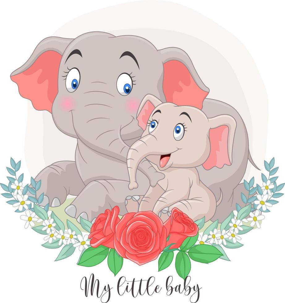 madre de dibujos animados y elefante bebé sentado con fondo de flores vector