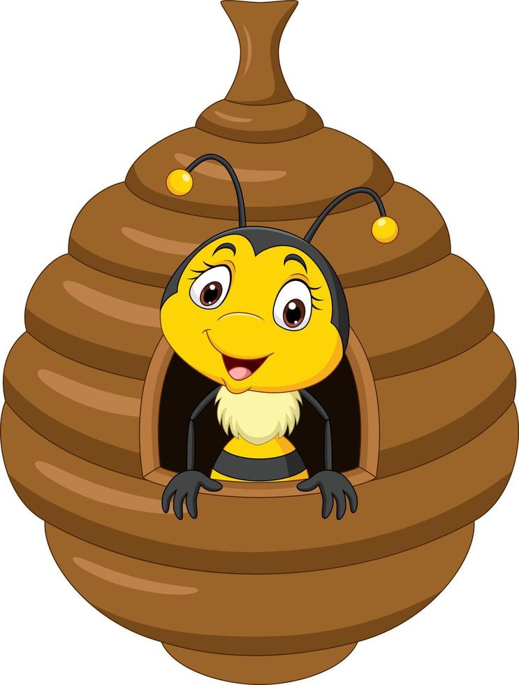 Cartoon cute little bee inside beehive vector