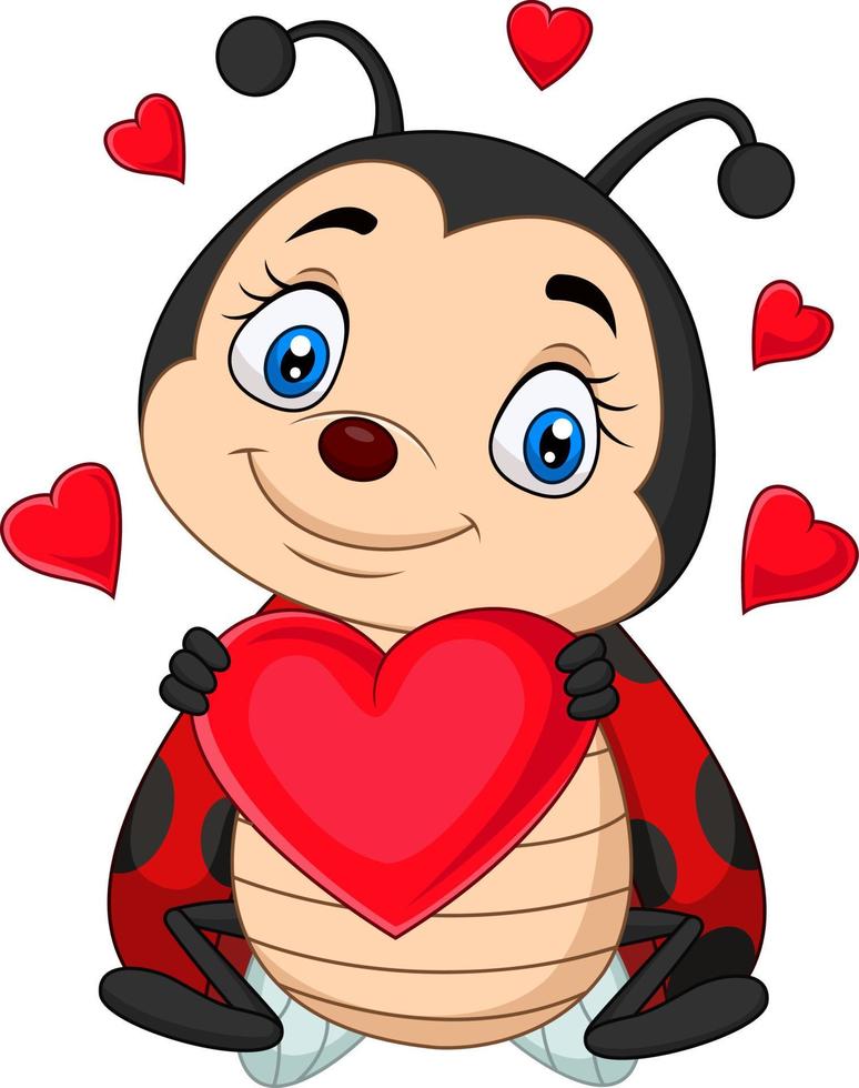 Cartoon ladybug holding a red heart vector