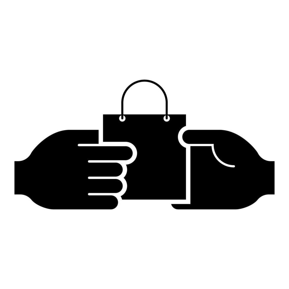 Hand passes the package to the other hand Hand pass bag other hand Concept commerce Idea trade Market subject Marketing icon black color vector illustration flat style image