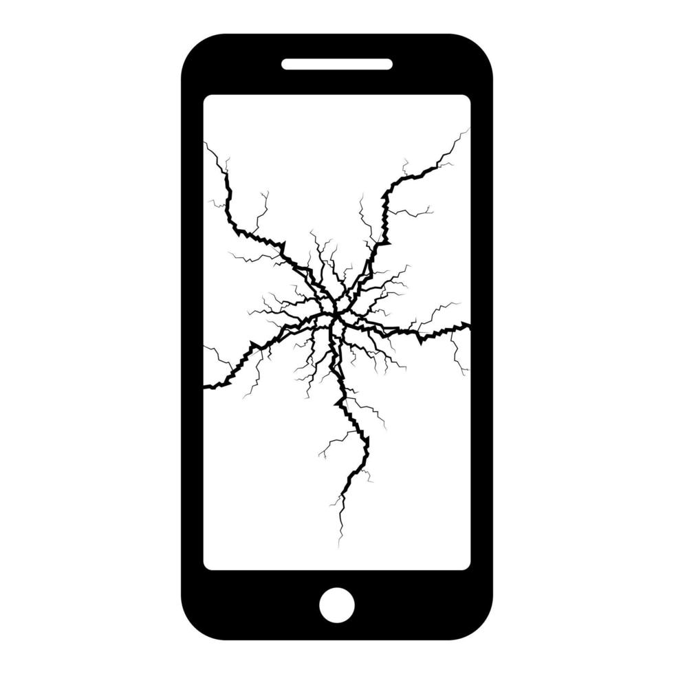 Smartphone with crack on display Broken modern mobile phone Shattered smartphone screen Phone with broken matrix of screen Cell phone with cracked touch screen in center Broken glass telephone icon vector