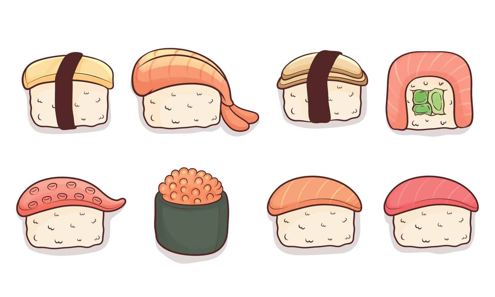 conjunto de sushi kawaii dibujados a mano vector