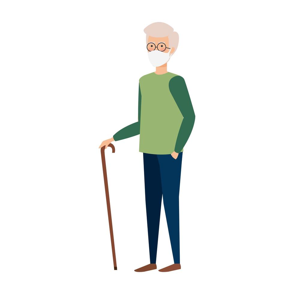 old man with walking stick using face mask isolated icon vector