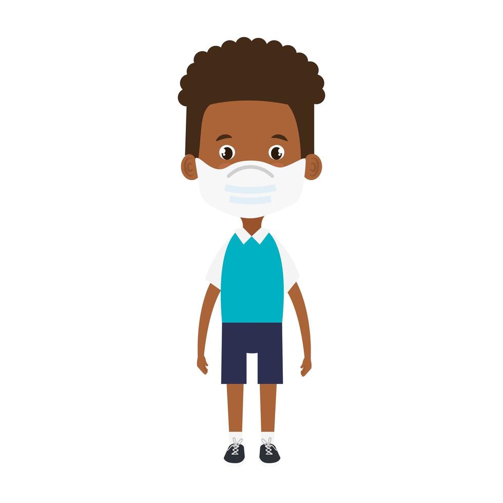 cute boy afro student using face mask isolated icon vector