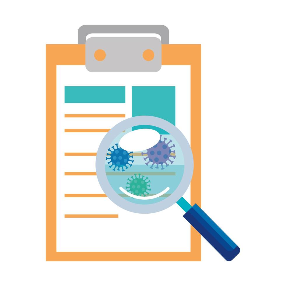 particles covid 19 in magnifying glass and clipboard vector