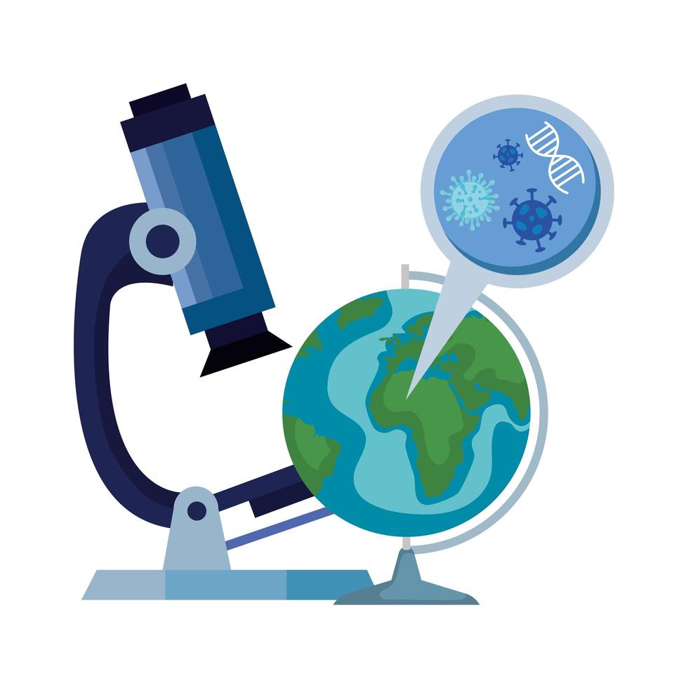 microscopio con planeta mundial y microorganismos vector