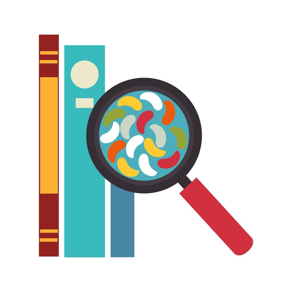 microorganism in magnifying glass and books vector