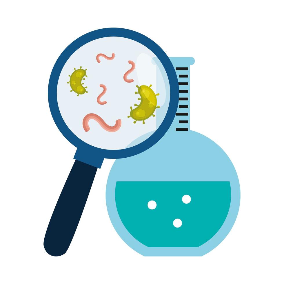 magnifying glass with particles covid 19 and tube test vector