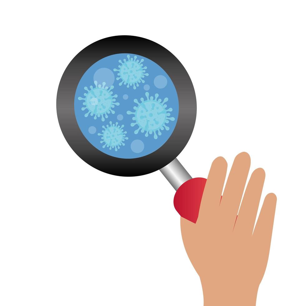 hand and magnifying glass with particles covid 19 vector