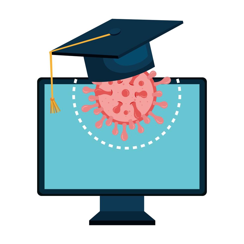 education online by computer with hat graduation and particle covid 19 vector