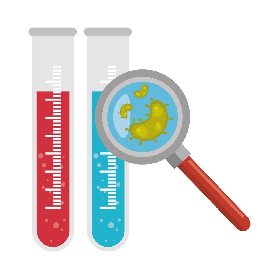 prueba de tubos con lupa y partículas covid 19 vector