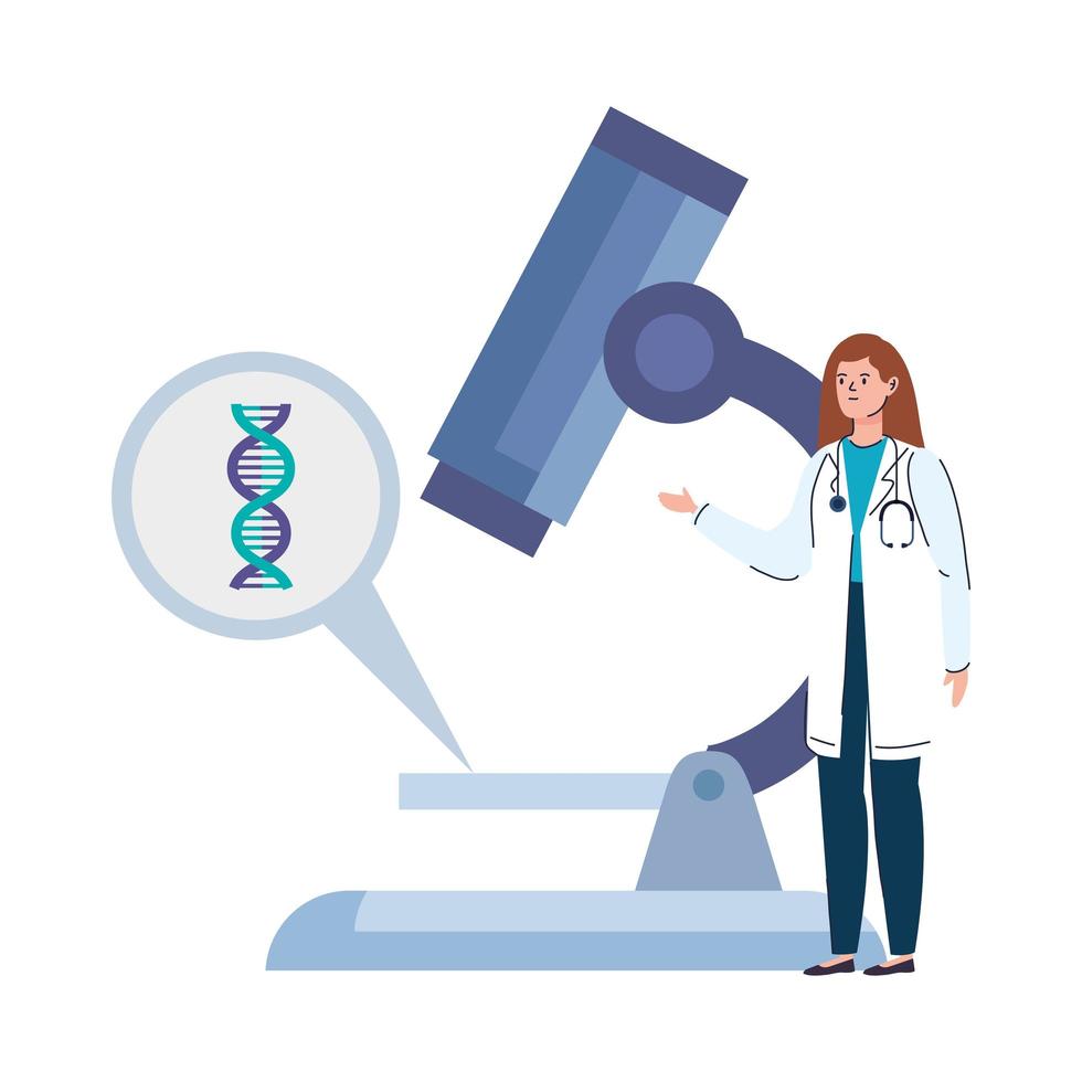 doctor female with dna structure and microscope vector