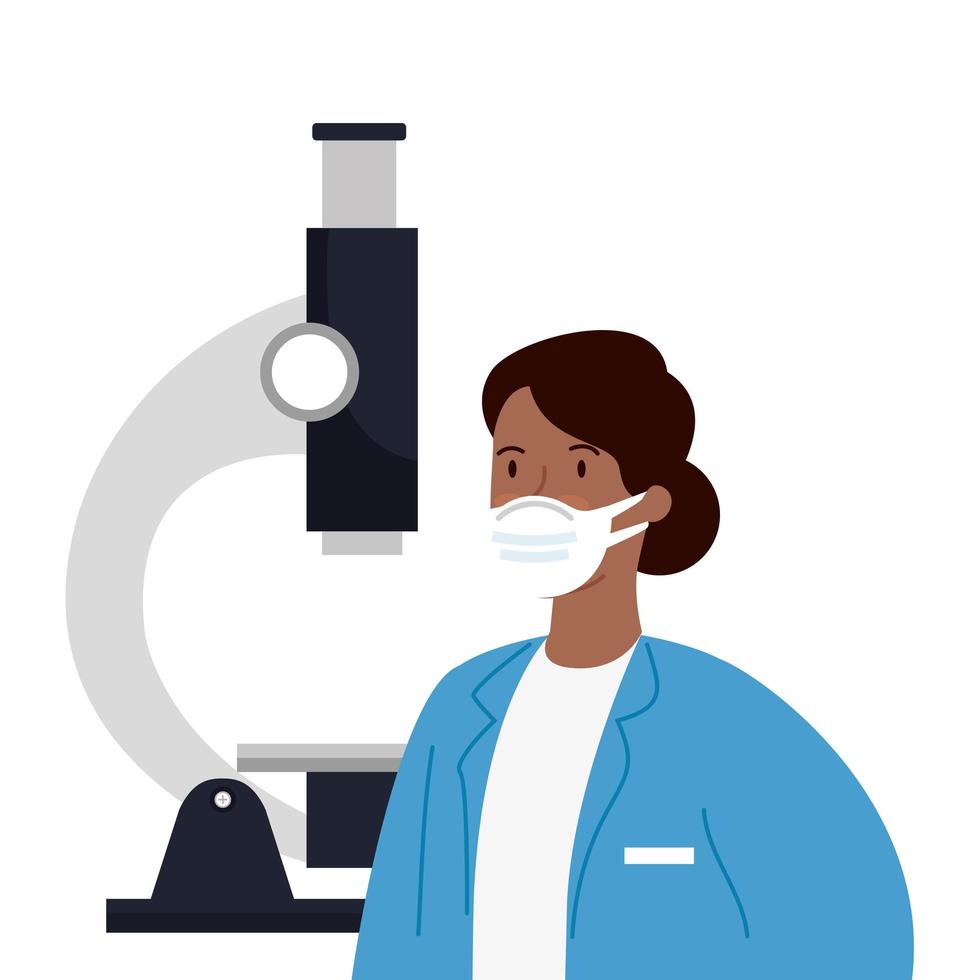 doctor female afro using face mask with microscope vector