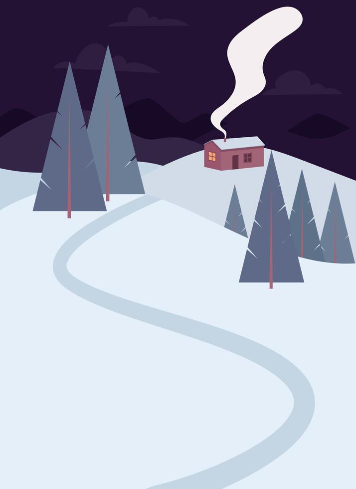 invierno de nieve en el fondo del país. bosque natural en paisaje nevado con casita. vacaciones de navidad vacaciones. vista nocturna vector