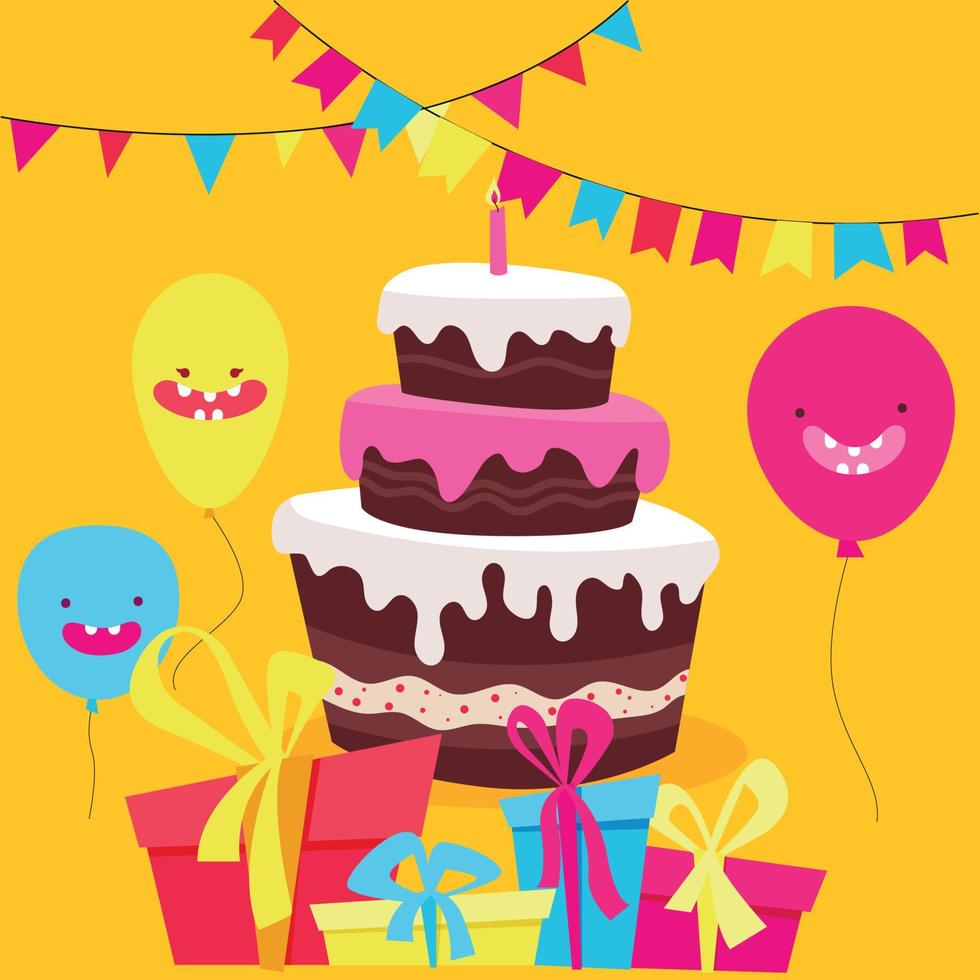 Birthday card design on yellow background for anniversary. Chocolate cake with candle on it, colorful presents and balloons. Vector illustration for event