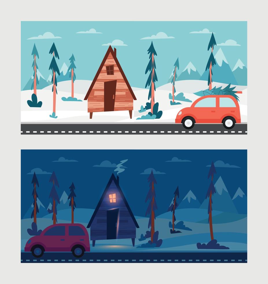 Holliday winter scene landscape for celebration design. White background. Blue sky day and night. Weather background. Snowy weather. Winter forest. Car riding in the woods to the cabin. vector