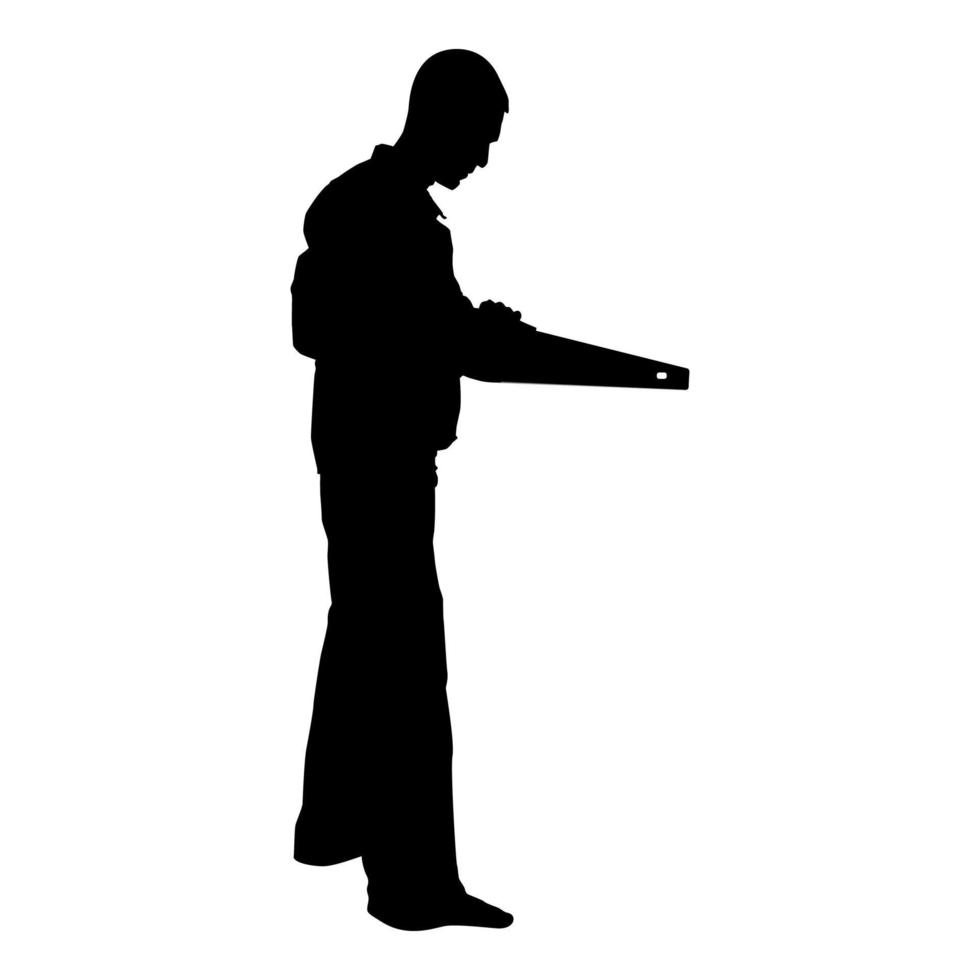 reparador maestro hombre en overoles con herramienta en sus manos sierra de mano icono color negro vector ilustración imagen de estilo plano