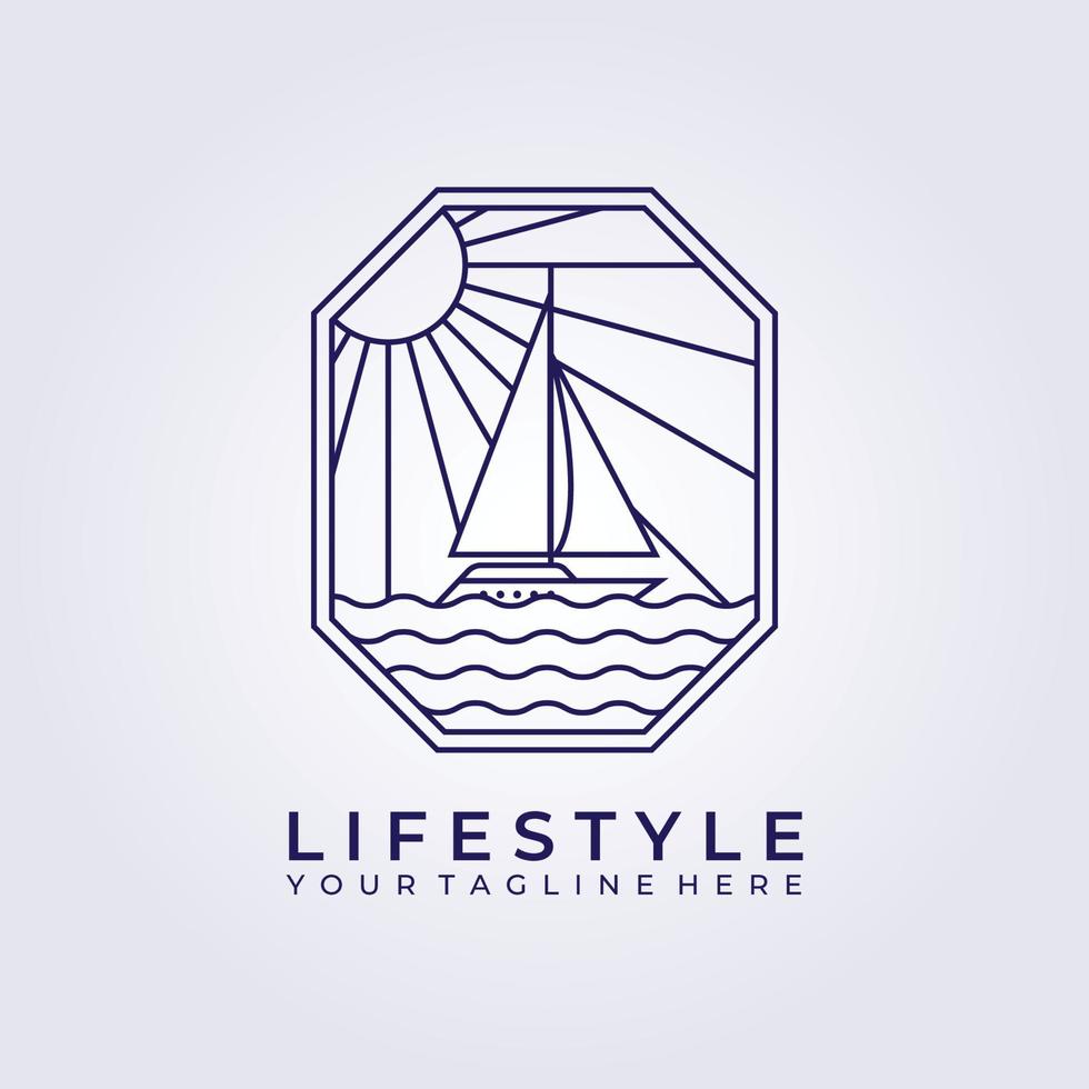 pasión por los viajes aventura vela barco barco logo vector icono línea arte simple ilustración diseño marco logo insignia emblema