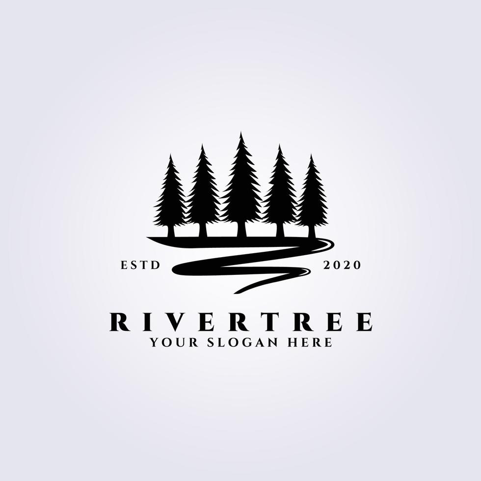 diseño de ilustración vectorial del logotipo del árbol del río, pino e icono del río vector
