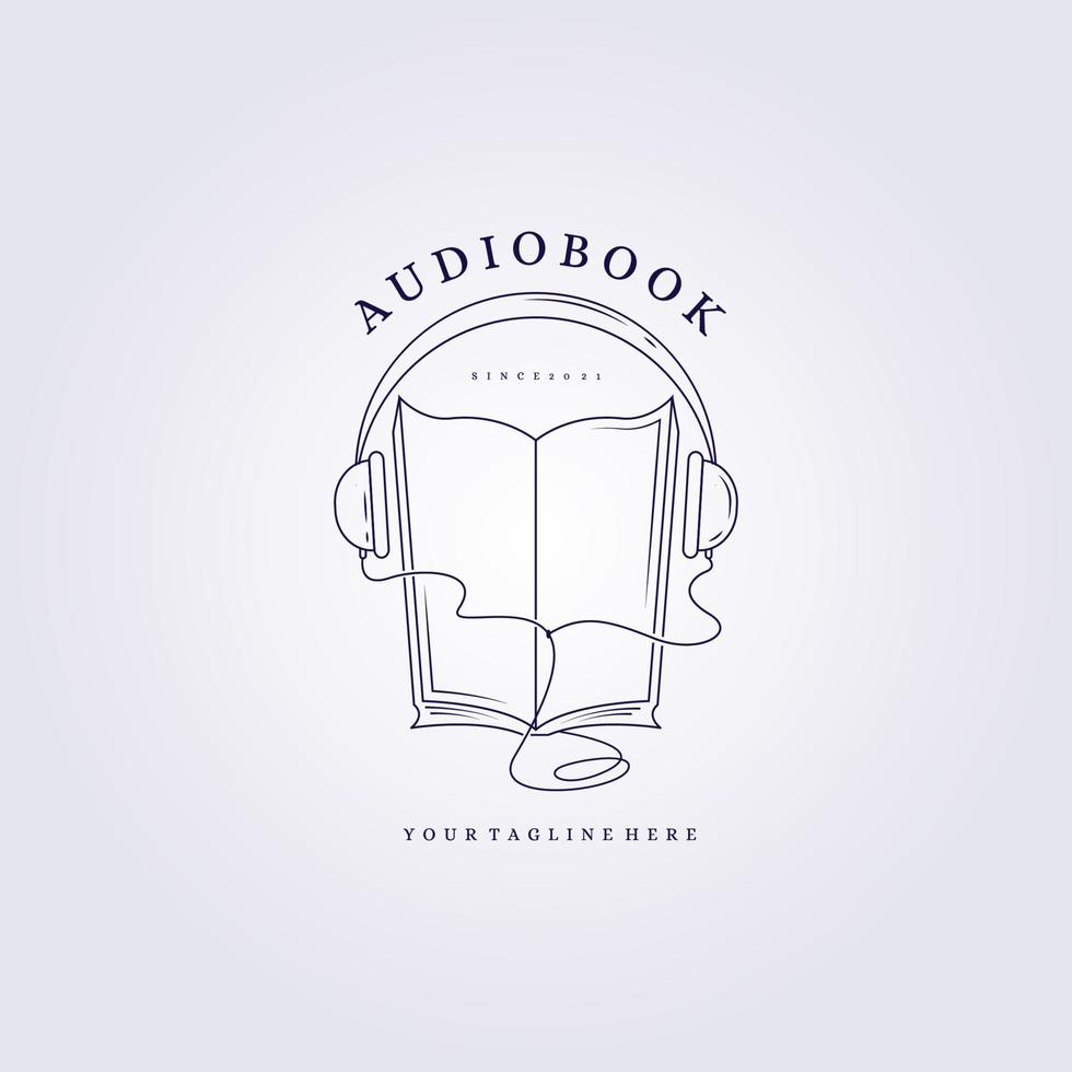 línea audiolibro literatura educación logo vector ilustración diseño arte lineal monoline esquema auriculares auriculares libro