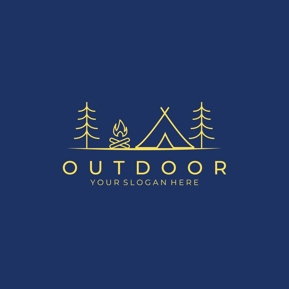 camping logo vector illustration template design, campfire and trees on forest, adventure life style