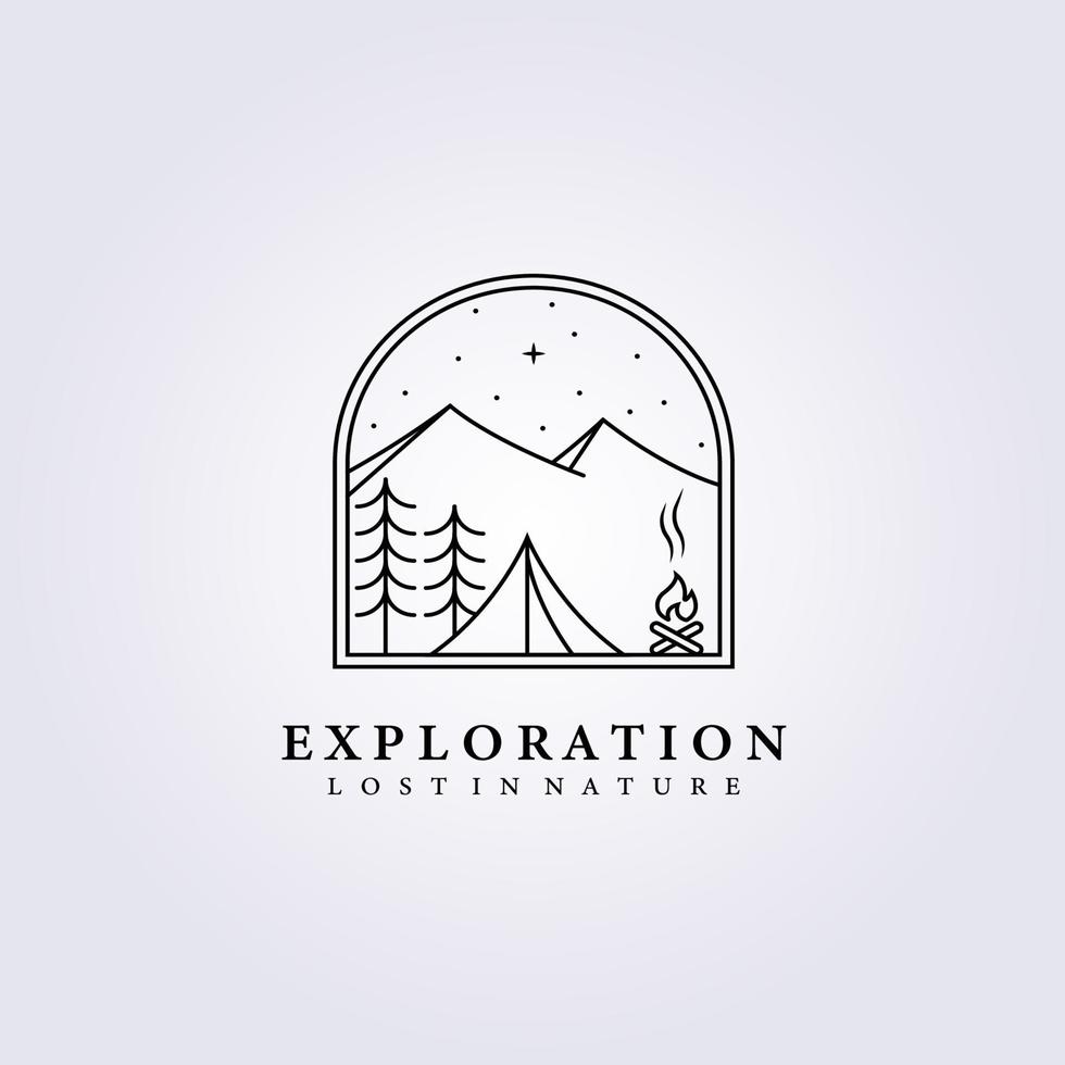 adventure night camping outdoor logo vector illustration design line art lodge log cabin mountain