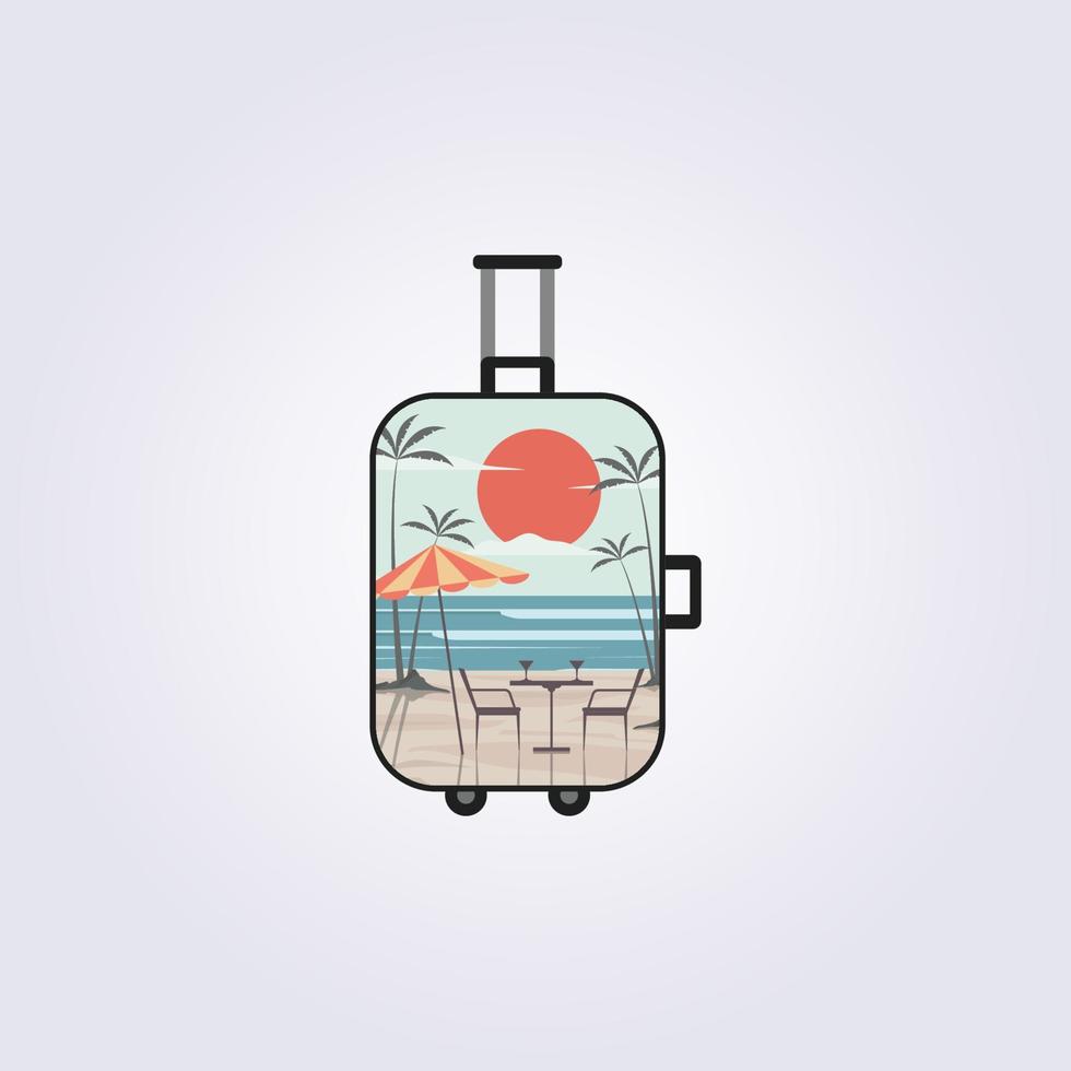 beach journey illustration in suitcase frame , adventure trip travel vacation logo vector illustration design, vintage retro poster style and flat design