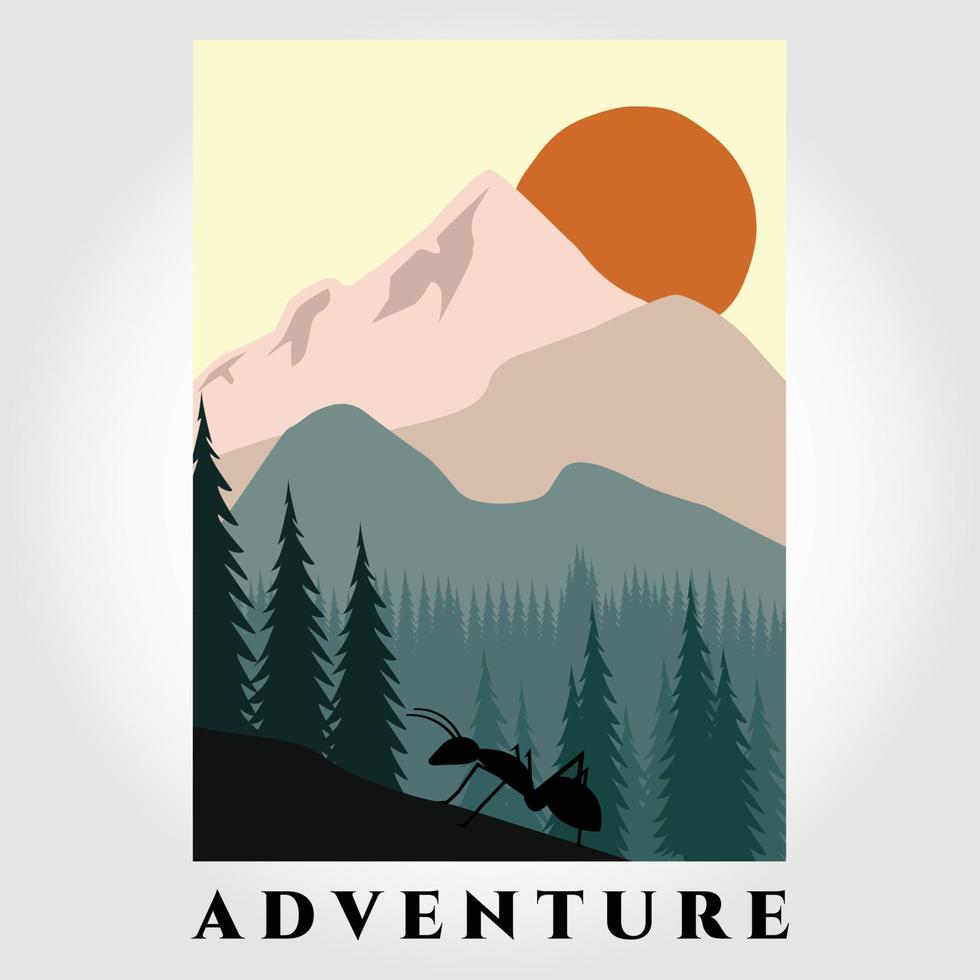 gráfico de diseño de ilustración de vector de paisaje de montaña, hormiga, ilustración de aventura