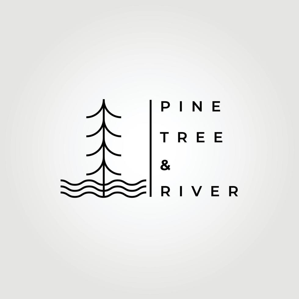 Line art nature logo vector adventure illustration design, pine tree and river