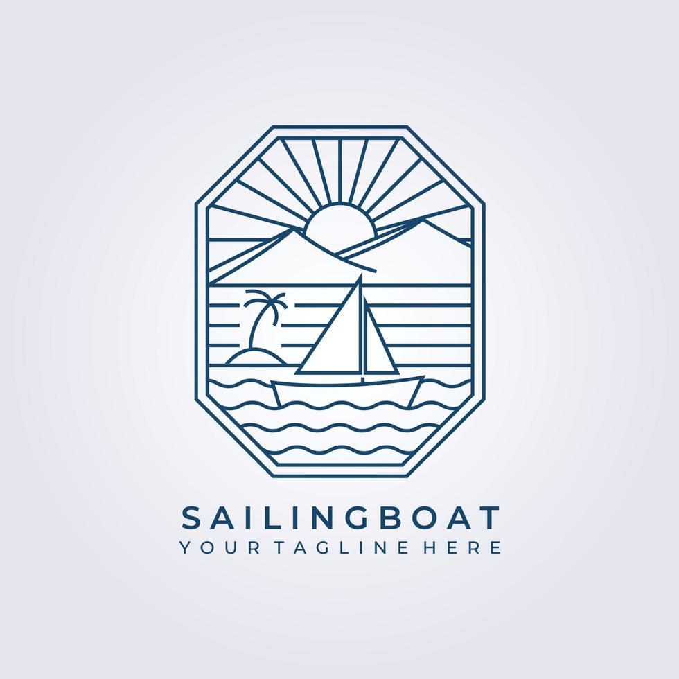 mountain sail boat ocean logo vector icon line art simple illustration design frame logo badge emblem